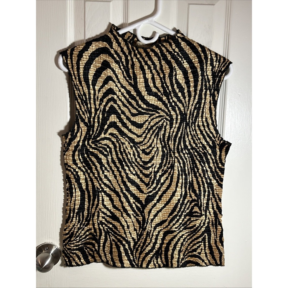 Plisse Vintage Popcorn Sleeveless High Neck Black and Gold Striped XL Top Shirt